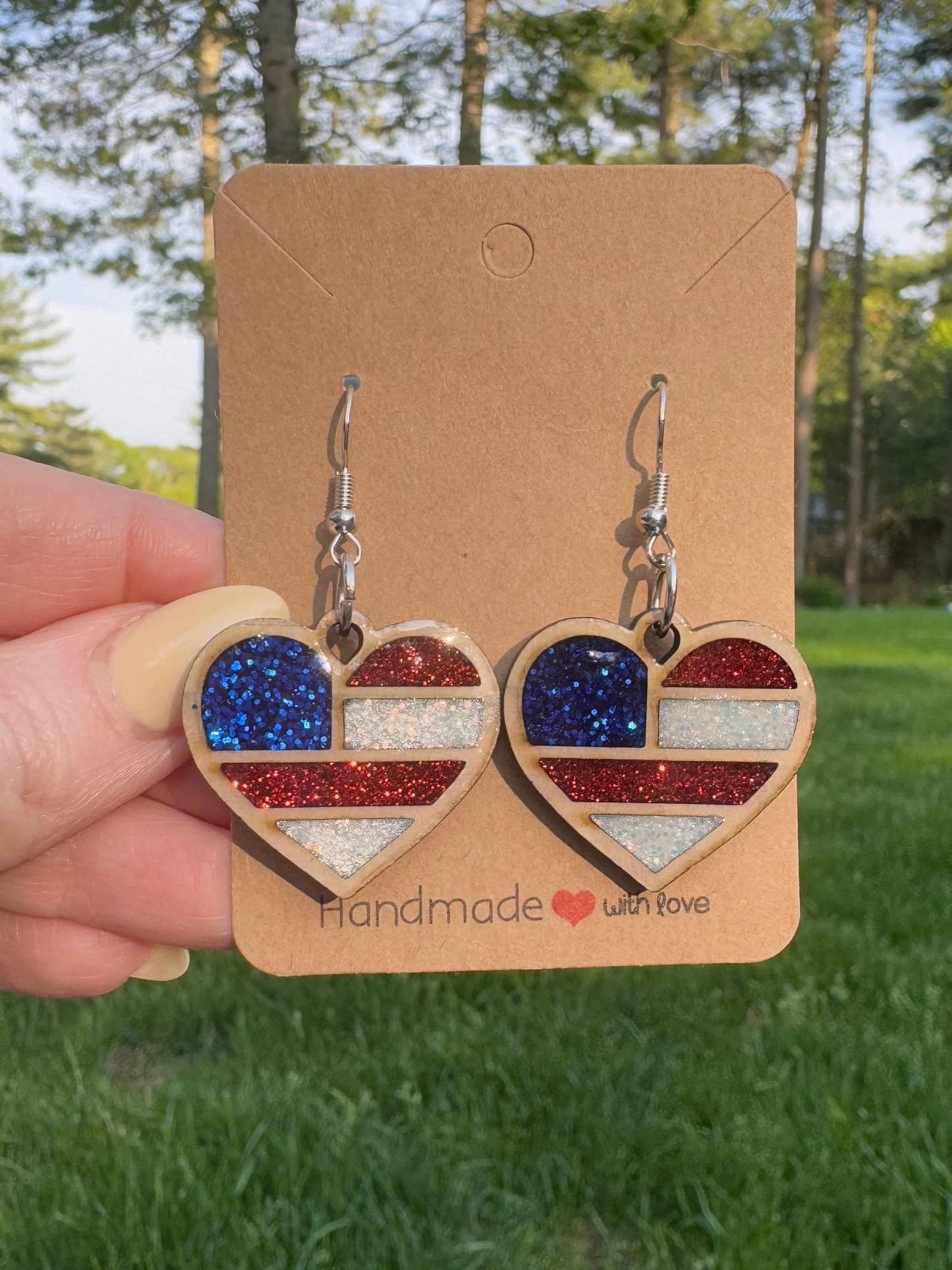 American Flag Heart Dangle Earrings