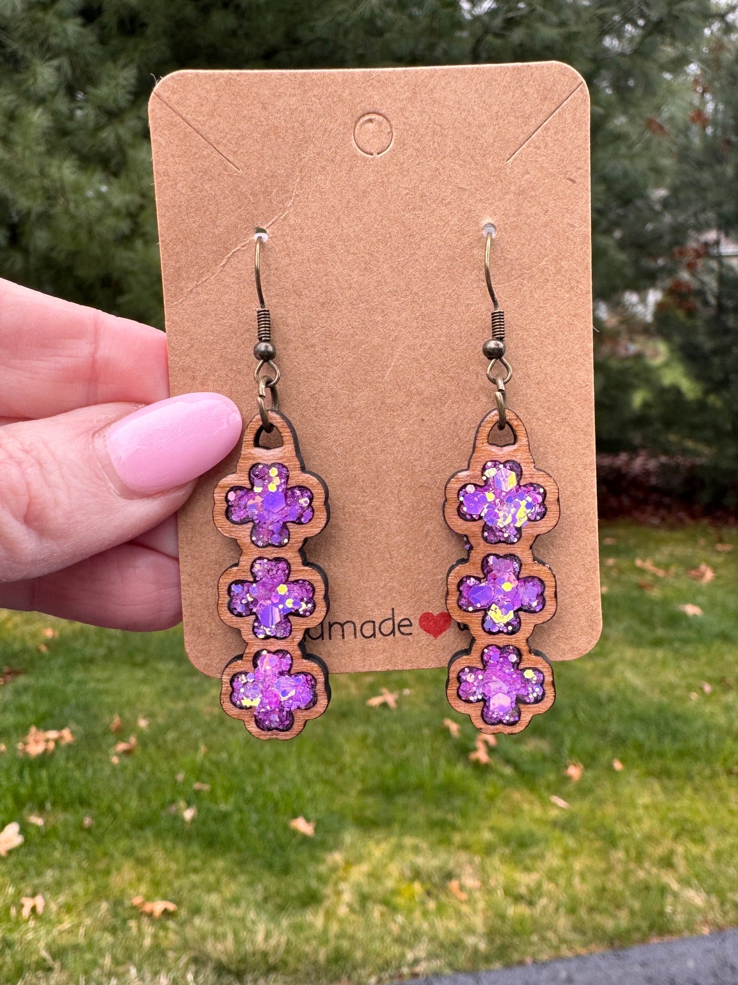 Triple Stacked Purple Clover Earrings