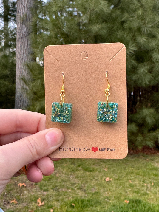 Small Square Blue Green Drop Earrings