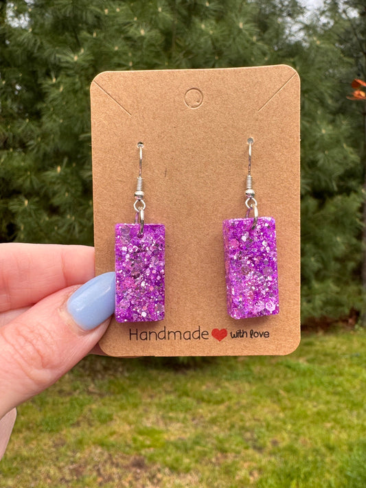 Purple Sparkly Rectangle Drop Earrings