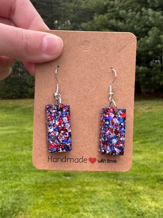 Red, White and Blue Sparkly Rectangle Earrings
