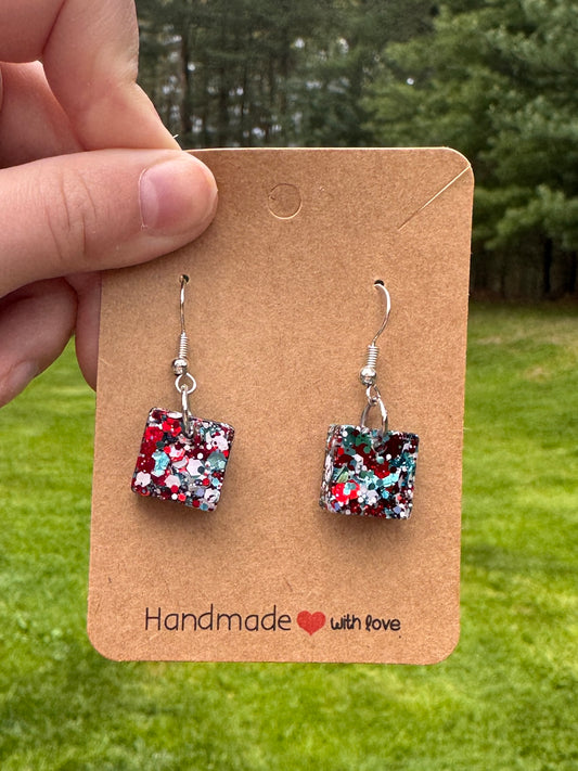 Small Square Drop Earrings in Red, White & Blue Sparkles