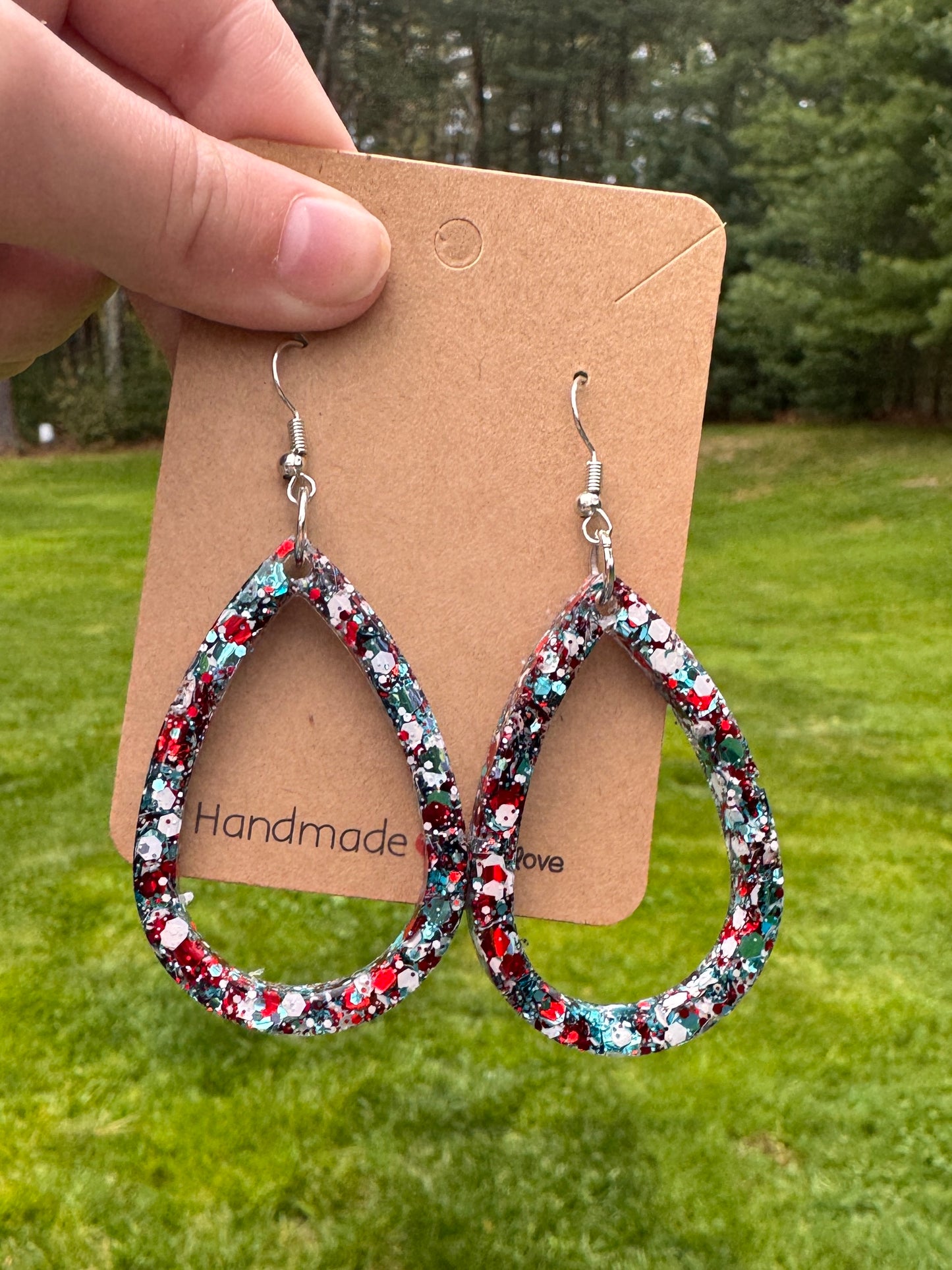 Large Tear Drop Red, White and Blue Earrings
