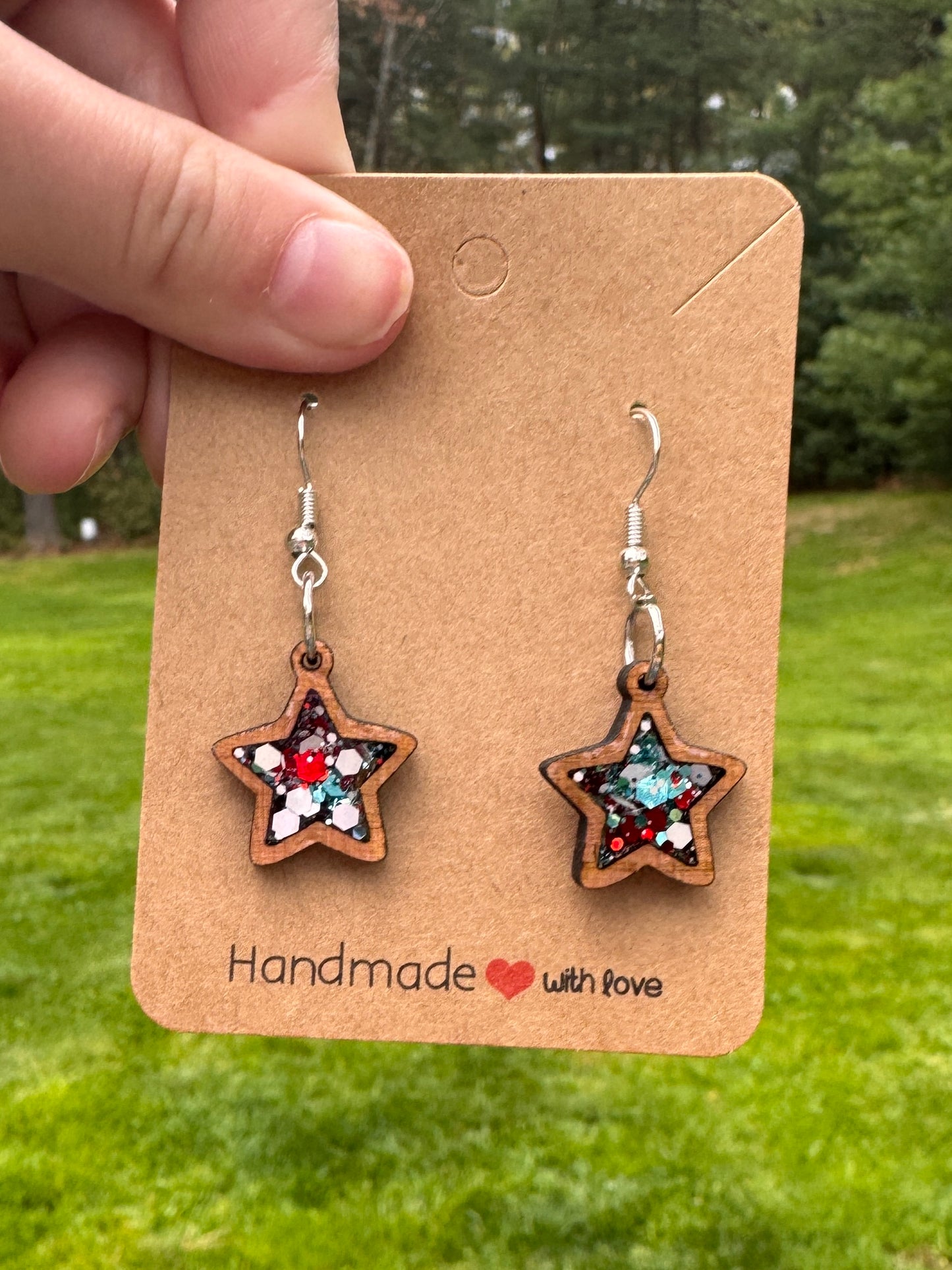 Small Patriotic Star in a wooden bezel design - Drop Earrings