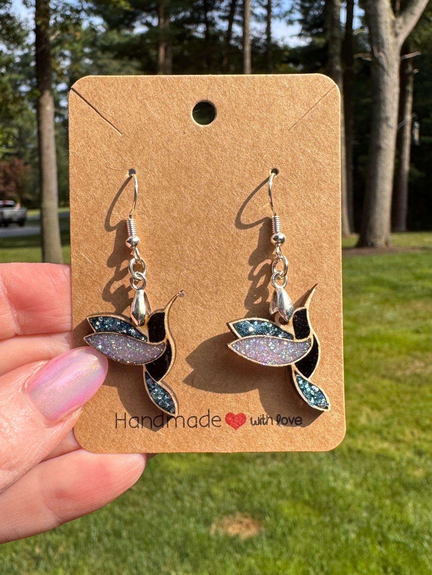 Pink & Blue Wooden Bezel Hummingbirds