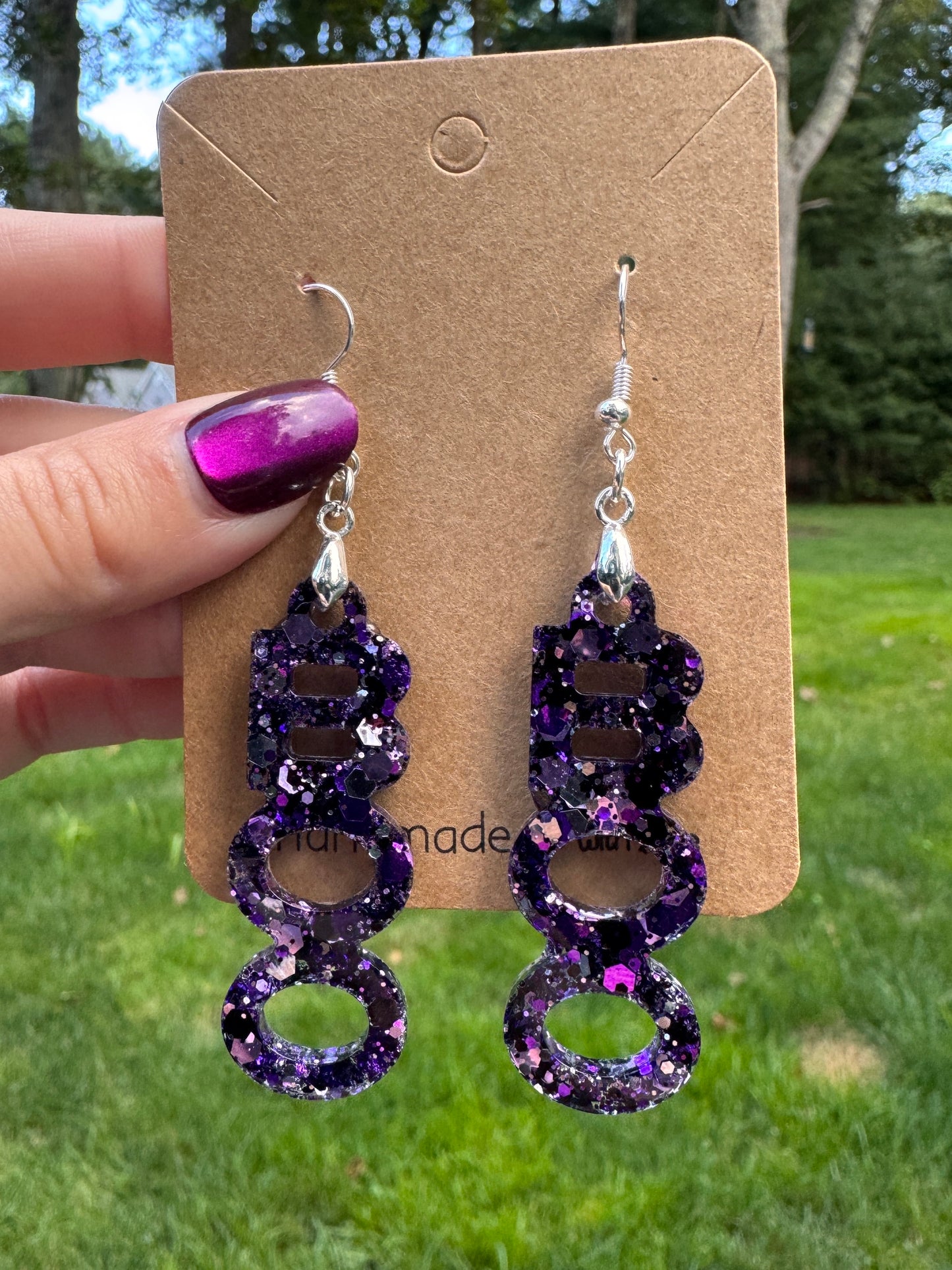 BOO Dangly Earrings in Purple & Black Sparkles