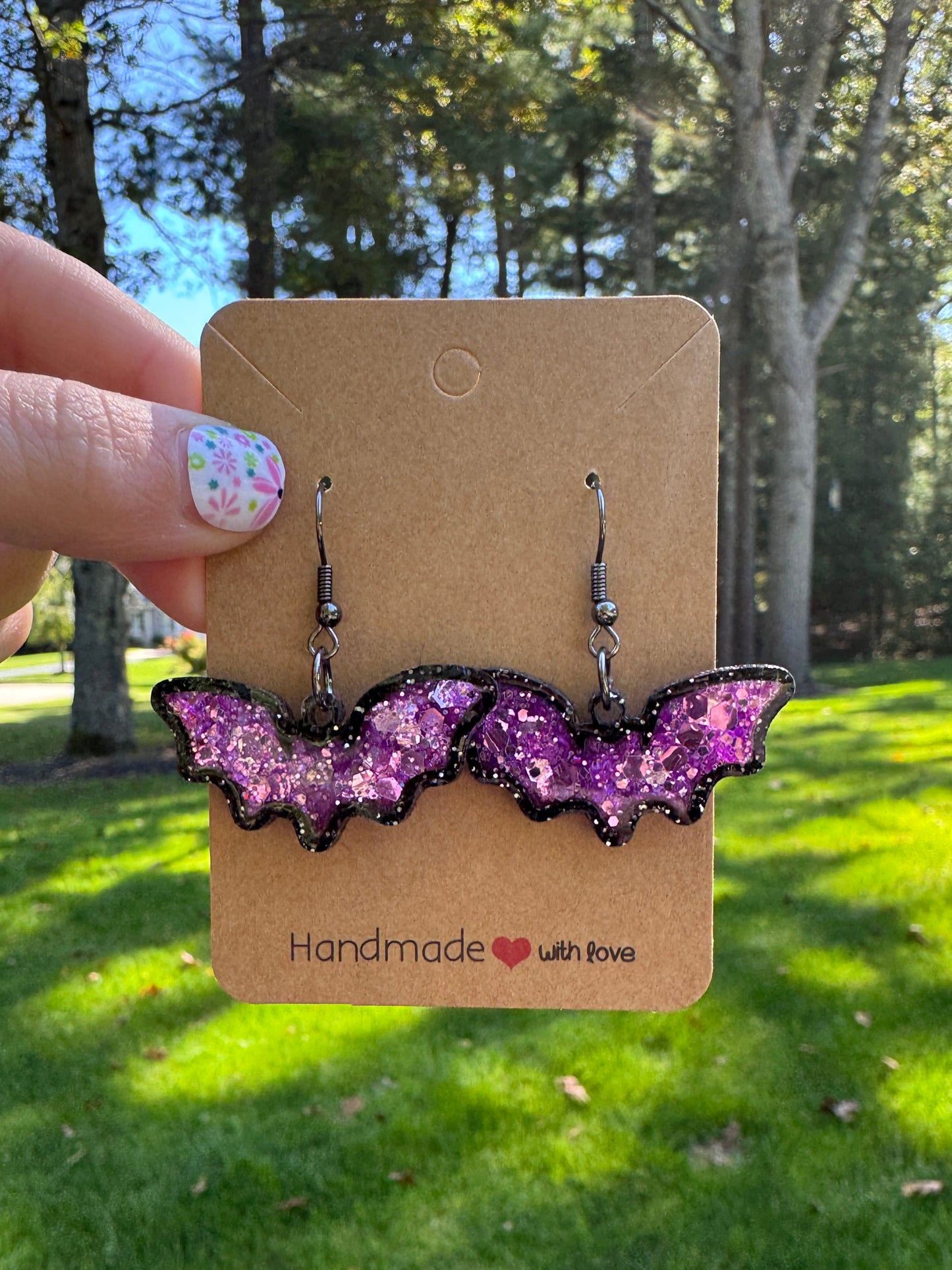 Purple Sparkly Bats with Black Sparkly Acrylic Bezel